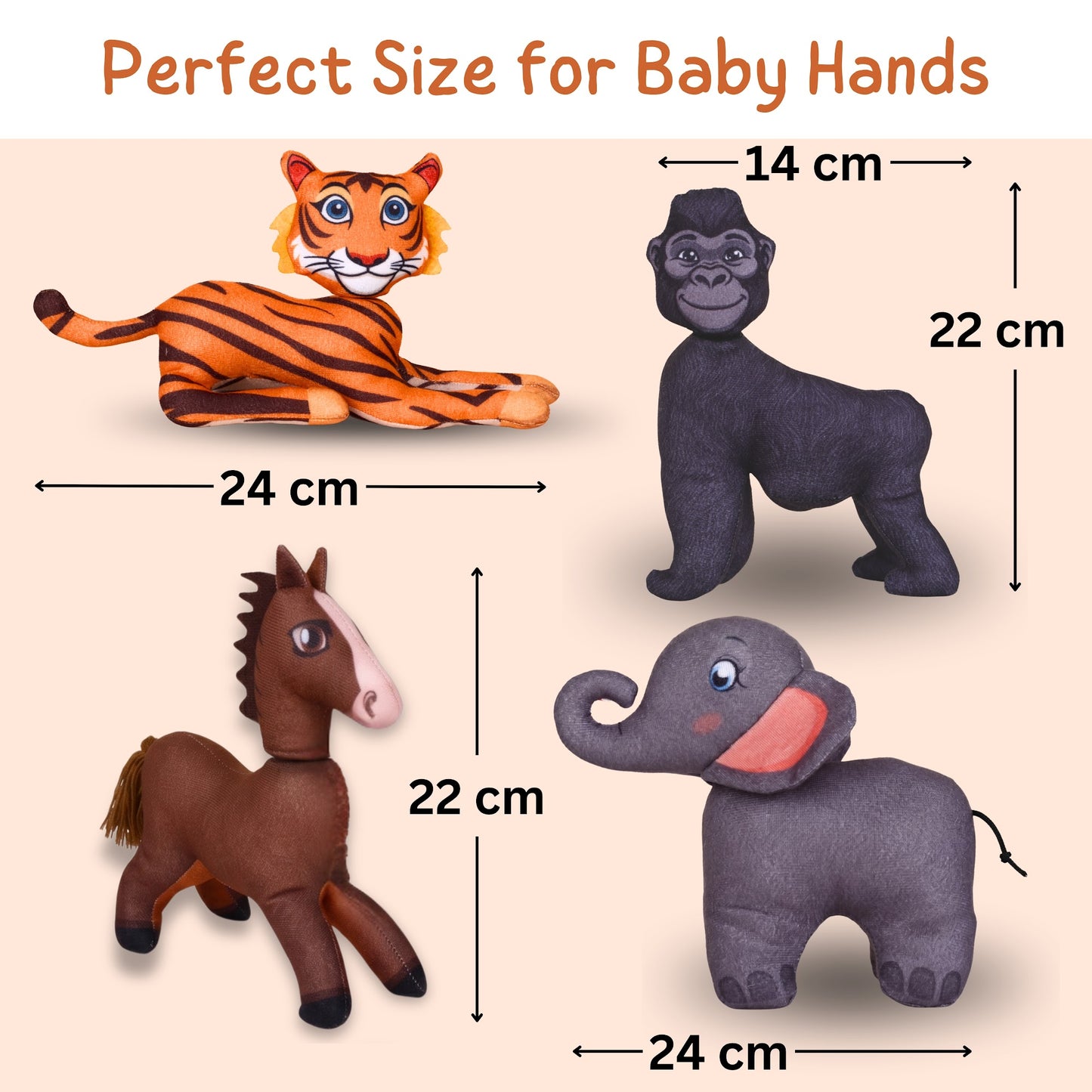 Tiger, gorilla, horse and elephant plush