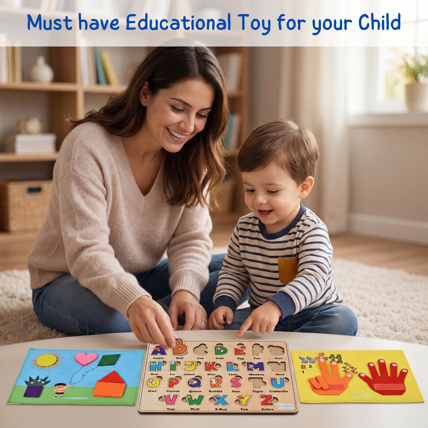 Seraphina 3-in-1 Wooden & Felt Educational Boards for Toddlers – Alphabet Puzzle, Numbers & Counting, Shapes & Colours Board | Montessori Boards for Kids