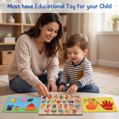 Seraphina 3-in-1 Wooden & Felt Educational Boards for Toddlers – Alphabet Puzzle, Numbers & Counting, Shapes & Colours Board | Montessori Boards for Kids