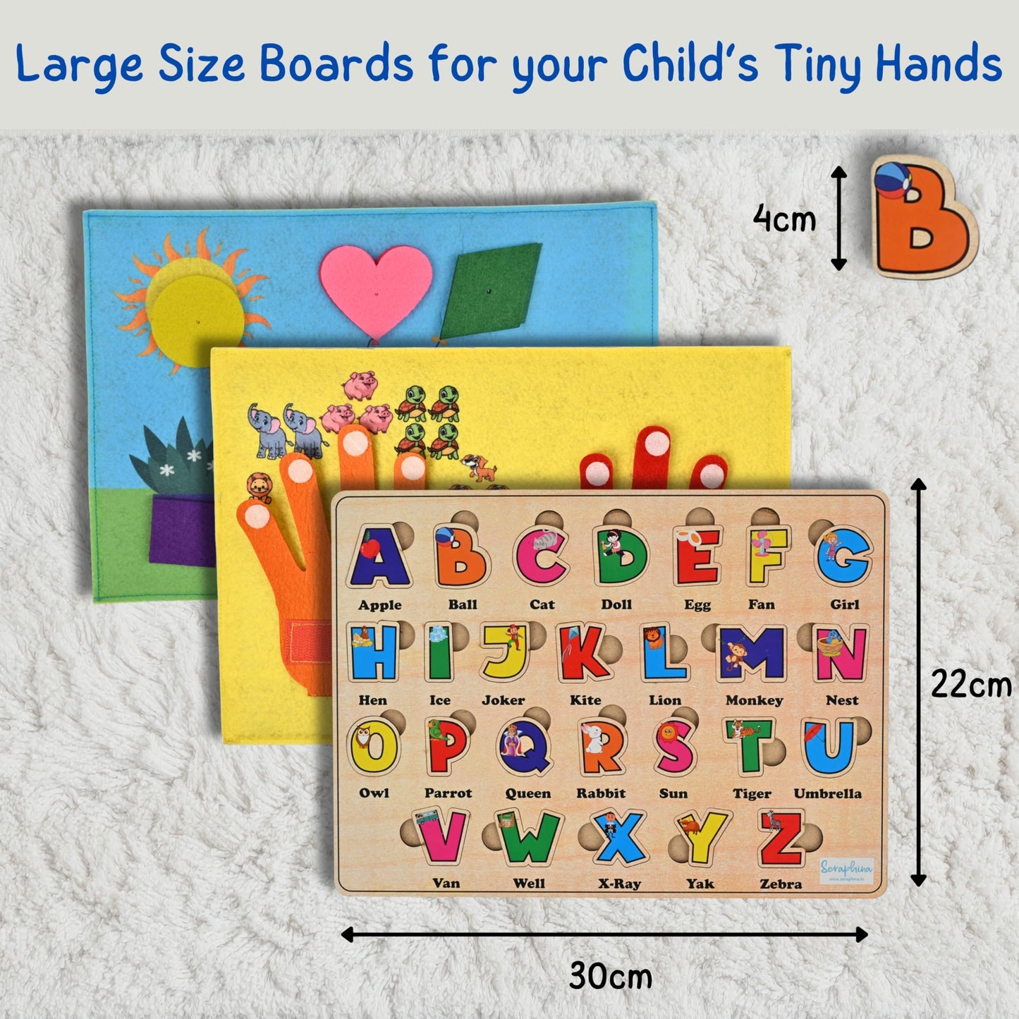 Seraphina 3-in-1 Wooden & Felt Educational Boards for Toddlers – Alphabet Puzzle, Numbers & Counting, Shapes & Colours Board | Montessori Boards for Kids