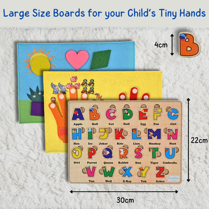 Seraphina 3-in-1 Wooden & Felt Educational Boards for Toddlers – Alphabet Puzzle, Numbers & Counting, Shapes & Colours Board | Montessori Boards for Kids