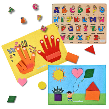 Seraphina 3-in-1 Wooden & Felt Educational Boards for Toddlers – Alphabet Puzzle, Numbers & Counting, Shapes & Colours Board | Montessori Boards for Kids